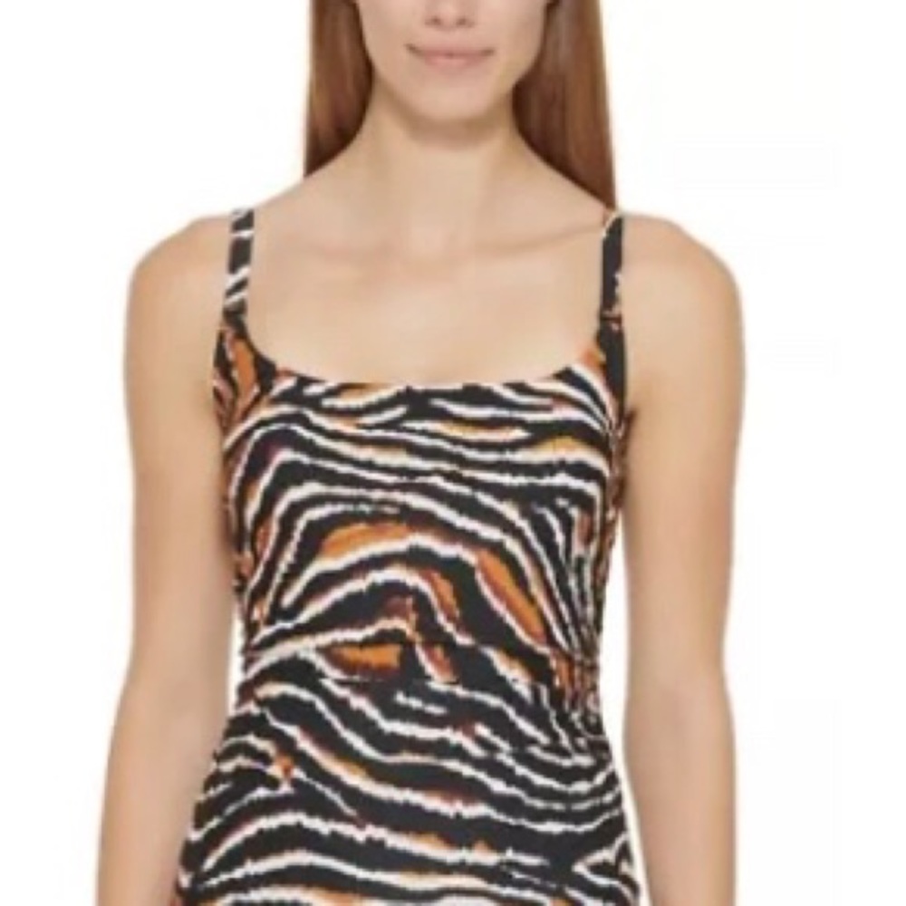 DKNY TIGER BLACK MULTI Printed Square-Neck Tankini Swim Top. Size XS NWT